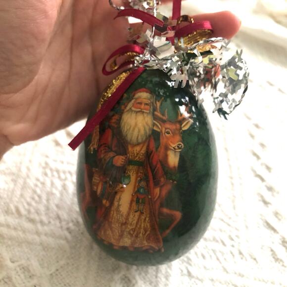 Vintage Father Christmas Reindeer Decoupage Egg Ornament Glossy Green 4" - Picture 3 of 9